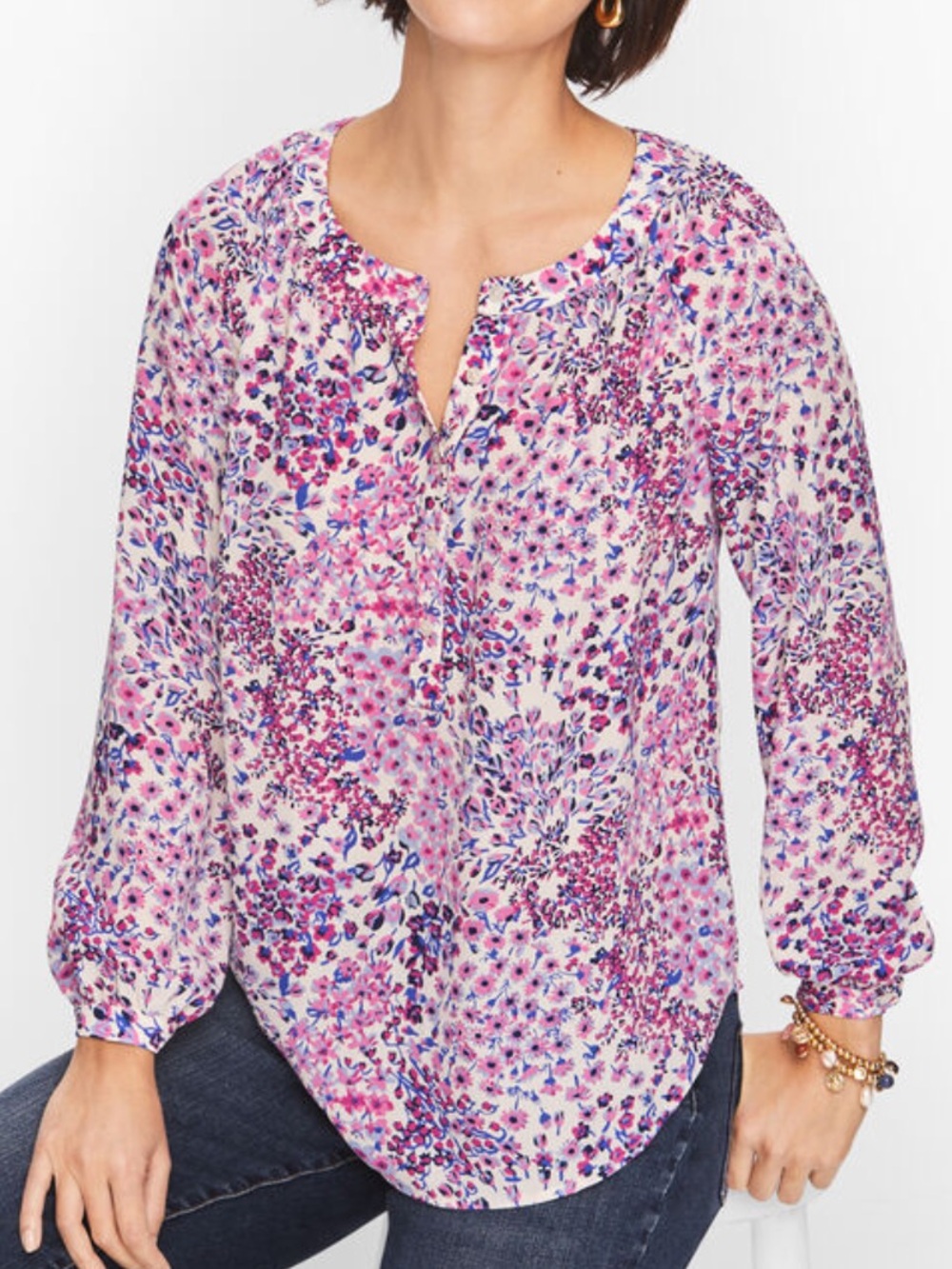 Talbots Floral Garden Blouse Top Women's 3X Crepe Band Collar Long Sleeve NWT